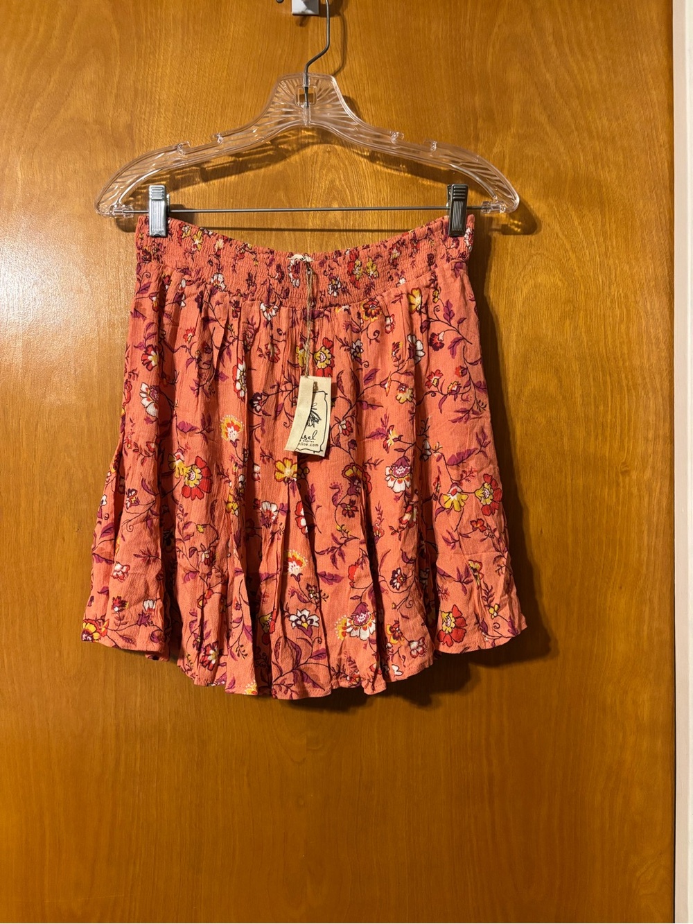 Floral Smocked-Waist Circle Skirt in Coral